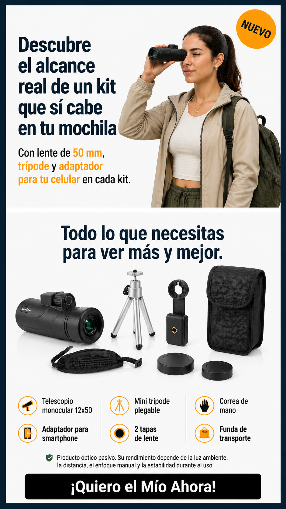 Monocular telescópico HD 12x50 con trípode y adaptador para celular