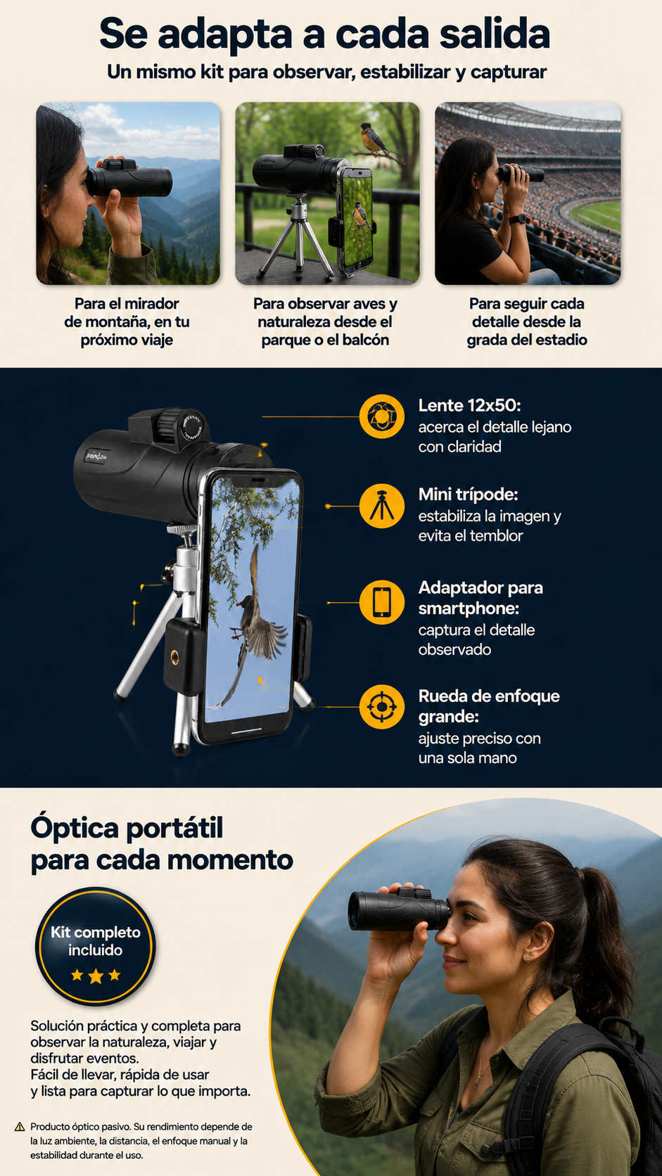 Formas de utilizar el monocular 12x50 con celular y trípode